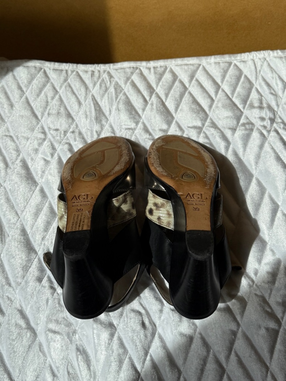 AGL Black Leather Wedge Sandals with Leopard Print Panel - Picture 9 of 10